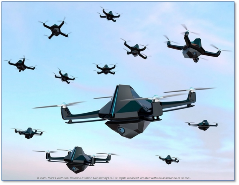 A swarm of drones in flight